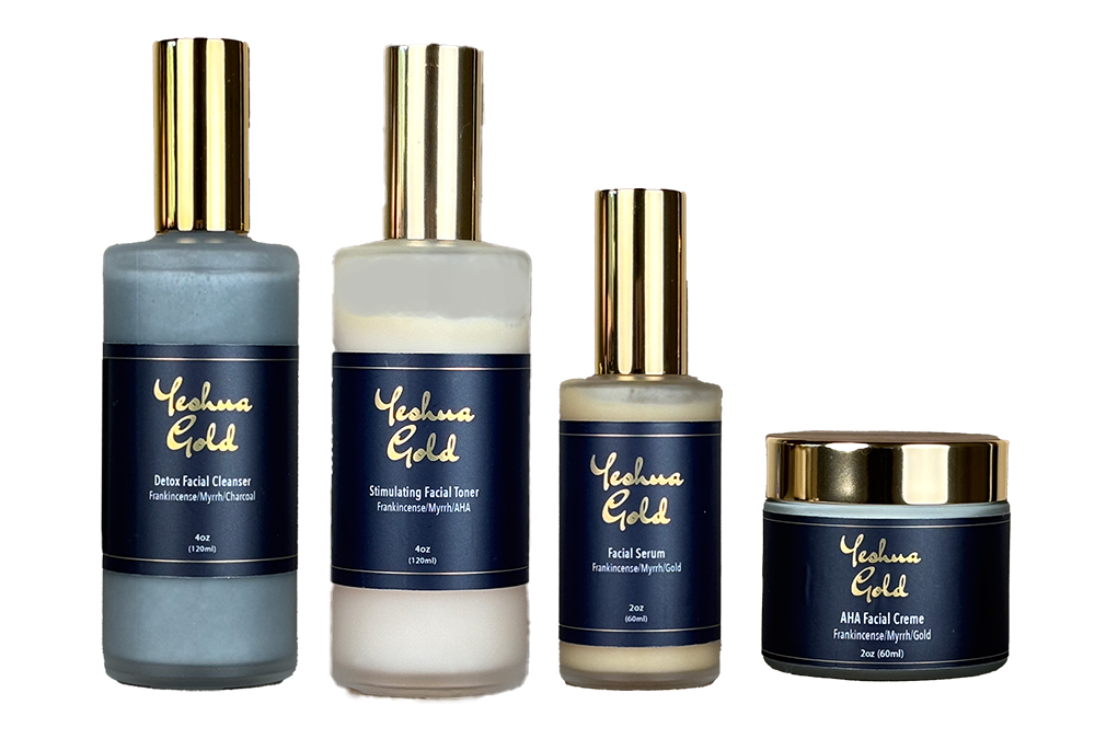 Yeshua Gold skincare products including Detox Facial Cleanser, Stimulating Facial Toner, Facial Serum, and AHA Facial Creme, showcasing organic ingredients for skin health.